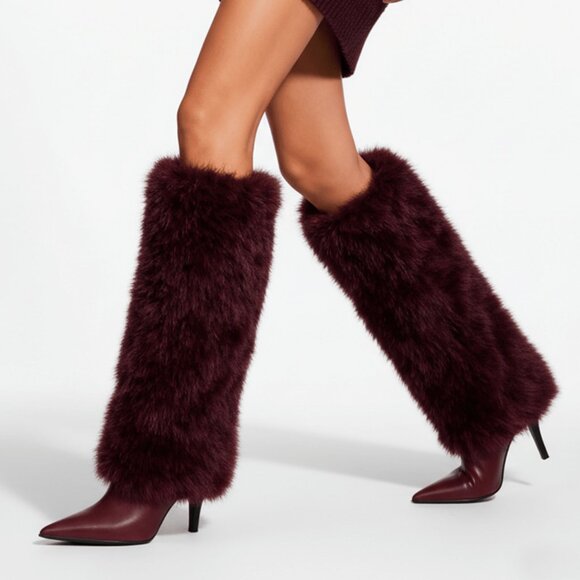 Burgundy Women's Knee High Fuzzy Faux Fur Stiletto heeled Boots - Picture 2 of 8
